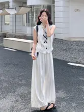 フレンチスタイルのストライプデザイントップスとワイドパンツ【無袖・夏用・カジュアル】（セットアップ対応）