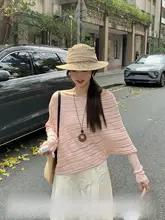 斜め肩デザインのバットウィングスリーブニットトップス【春用・フィット・魅力的なデザイン】