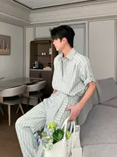 ストライプデザインのカジュアルシャツ【男性用・ハングルスタイル・フード付き・フィット】（セットアップ対応）