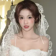 レトロレースのリボン付きヴェール【新婦用・エレガントなヘアアクセサリー】