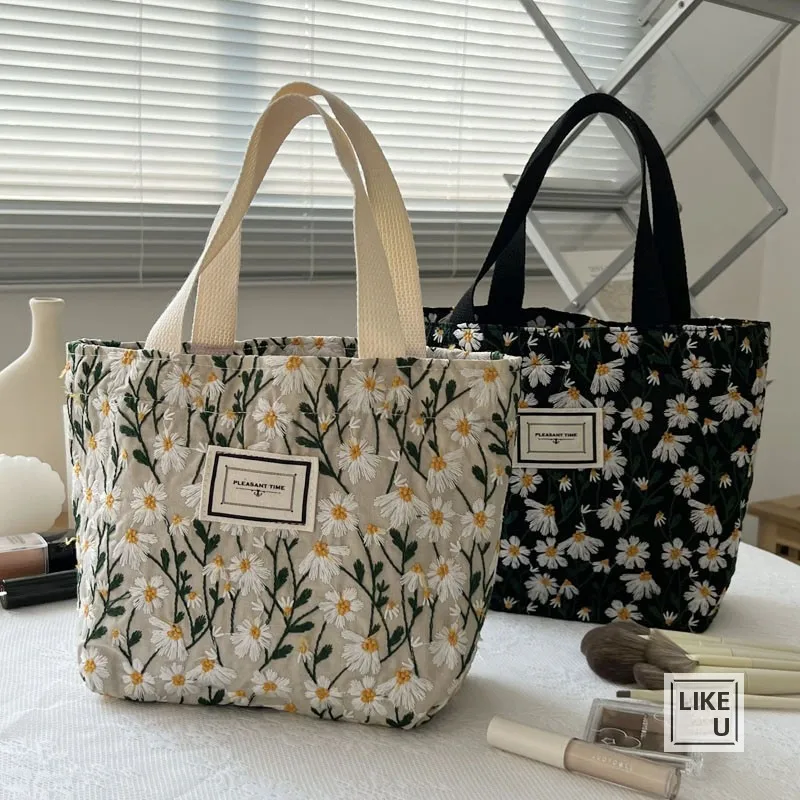 ハンド刺繍トートバッグ：韓国風レトロデザインの折りたたみ可能エコバッグ