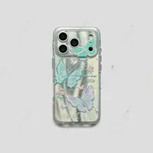 スマホケース iPhone17 16 15 14対応 蝶々柄 全面ホログラム ハードケース 二層IMD 光沢 フルカバー ストラップホール付き インスタ映え 可愛い
