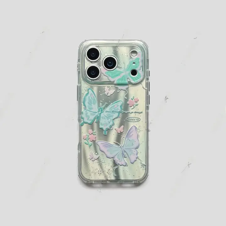 スマホケース iPhone17 16 15 14対応 蝶々柄 全面ホログラム ハードケース 二層IMD 光沢 フルカバー ストラップホール付き インスタ映え 可愛い
