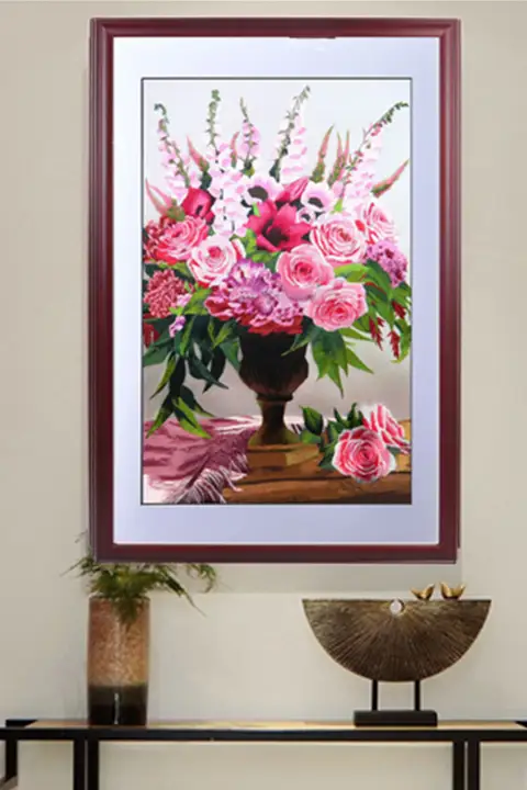 刺繍入りピンク牡丹の装飾画【リビング・書斎・廊下用】