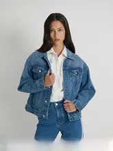 レトロデザインのブルーデニムジャケット【女性用・スタンドカラー・スリムフィット】