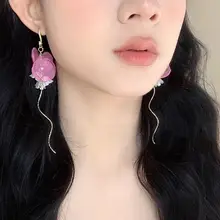 ピンクシルクフラワーロングピアス【ノー打孔・甘美なデザイン】（セットアップ対応）