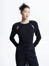 LEDIM WANG シルバー糸透かし編みニットトップス【秋用・フリルデザイン・ブラック・長袖】