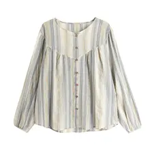フレンチ風レトロストライプデザインのコットンリネン長袖ブラウス【ゆったりとしたシルエット】