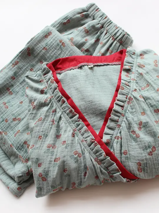 高級感ある国風パジャマ【春秋夏用・二重のシフォン・純綿・和服スタイル】（セットアップ対応）