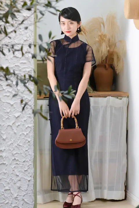 茉茉 レディース 短袖レース旗袍【復古スタイル・長款・透け感あり】