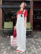 白色工装デニムオーバーオール【夏用・薄手・ワイドレッグ・カジュアルスタイル】（セットアップ対応）