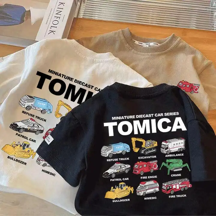 子供用夏用半袖Tシャツ【カー印刷・コットン・カジュアルデザイン】
