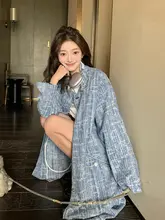 チェック柄デニムロングコート【秋用・ゆったりシルエット・レトロ風】