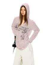 2色使いのストライプデザインフード付き長袖Tシャツ【カジュアル・日焼け対策】