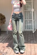 アメリカンレトロデザインのフレアデニムパンツ【ローウエスト・スリムフィット・カットオフエッジ】