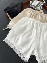 極上の柔らかさのサテン調シルク風透湿三分丈パンツ【白・レースエッジ・ルーズフィット】