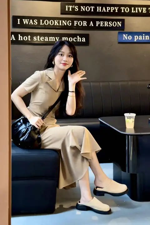 レトロデザインのスーツカラー ワンピース【カーキ・ウエスト絞り・フレアスカート】