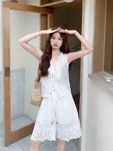 刺繍入りノースリーブベストとショートパンツの夏用女性向けルーズフィットスタイル（セットアップ対応）