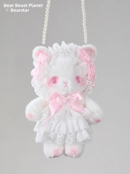 猫デザインのピンク色ハンドメイドぬいぐるみバッグ【斜め掛け・ショルダー・リボン付き】