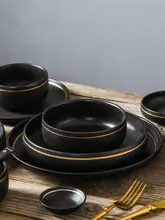 LePantry 金縁陶器 ブラック食器 セット【マット仕上げ・シンプルデザイン・家庭用】
