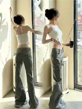アメリカンスタイルのハイストリート低腰フレアデニムパンツ【ワイドレッグ・夏用・長めデザイン】（セットアップ対応）