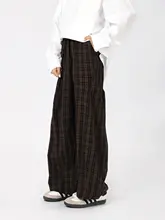 春夏用ビンテージ風カフェ色チェックストレートパンツ【男・したスタイル・ゆったり】