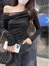 レース切替のオフショルダー長袖Tシャツ【白・フィット感・秋用】