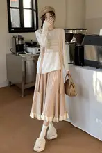 大きいサイズ レディース 冬用 ロングスリーブニットトップスとスカートのコーディネート（セットアップ対応）