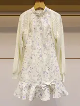 春にぴったり！フラワープリントのフリル付きニットカーディガンと旗袍風ワンピース（セットアップ対応）
