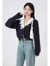 デザイン性に優れたVネックニットカーディガン【春秋用・ショート丈・女性用】