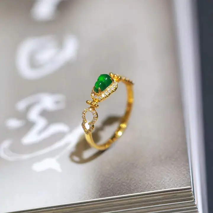 老坑玉髓リング【女性用・アイスコットン・ヒョウタンデザイン・S925シルバー・ダイヤモンド装飾】