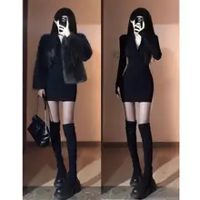 高級感あるブラックニットワンピース【フィット感・秋冬用・女性用・ミニスカート】