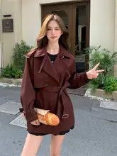 デザイン性の高い韓国風ウエストマークトレンチコート【上品な赤色・カジュアルトップス】