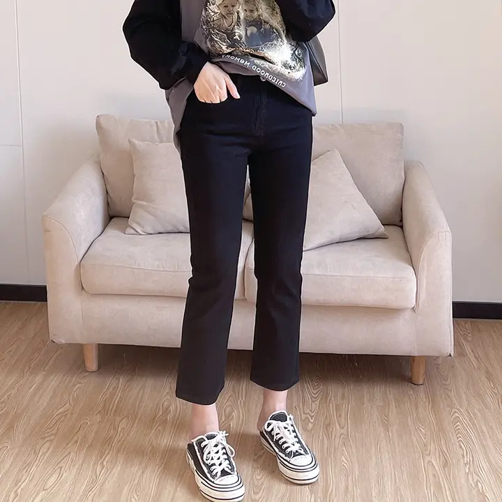 高ウエストストレートデニムパンツ【レディース・9分丈・スリムフィット・ストレッチ】