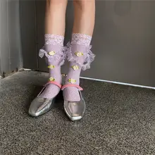 レース花柄中筒ソックス【薄紫・ロリータ風・JKスタイル・透け感あり】