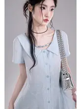 不規則な裾デザインのショートスリーブシャツ【天青空ブルー・幾何学模様】