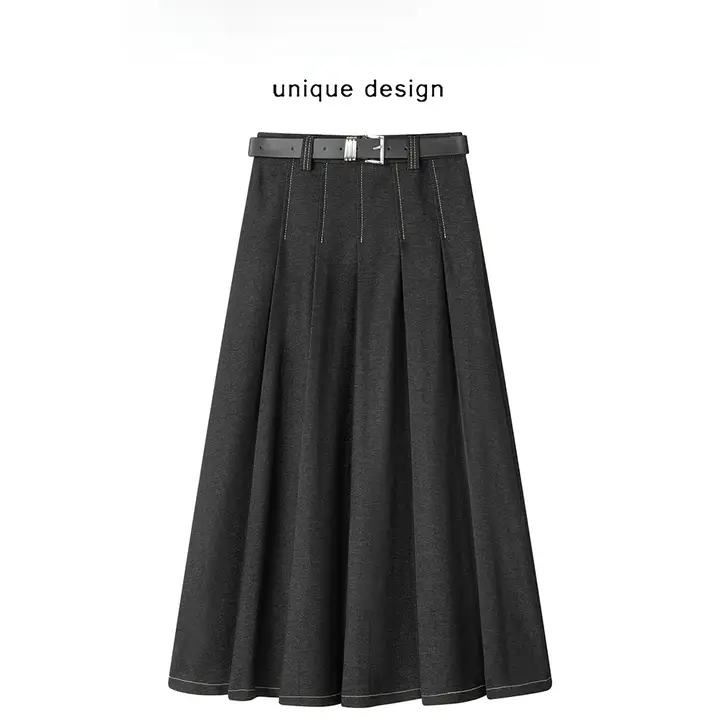 黒デニムハイウエストフレアスカート【Aライン・プリーツデザイン・春用】