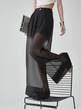 黒の二重シースルー高腰ワイドパンツ【柔らかなドレープ感・フィット】（セットアップ対応）