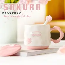 可愛い桜柄のマグカップ【フタ付き・スプーン付き・陶器・朝食用・牛乳やコーヒーに最適】