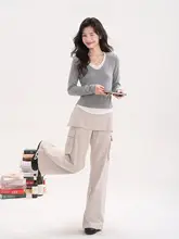 海風を感じるバイカラーの長袖VネックTシャツ【ウエストシェイプ・春用】（セットアップ対応）
