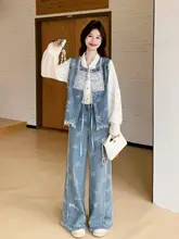 新中式 蝶刺繍デニムベスト【レースシャツ・ワイドパンツ・三点コーデ】（セットアップ対応）