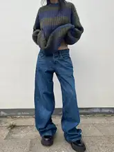 大きいサイズのアメリカンヴィンテージ風ストレートジーンズ【春用・ウォッシュ加工・ハイウエスト・ワイドレッグ】