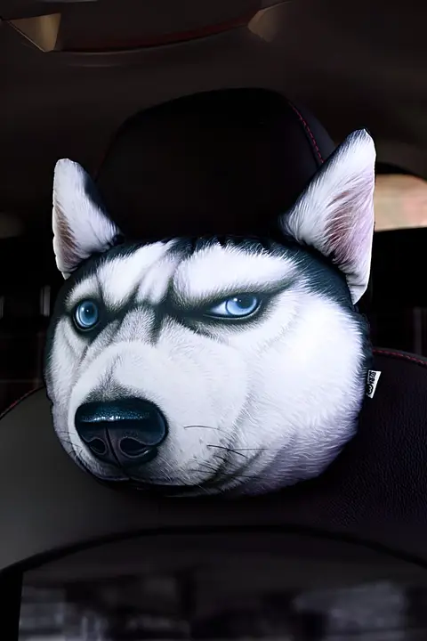 ハスキー犬デザインの車用頭部枕【カートゥーン・かわいい・クッション2個セット】
