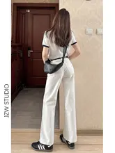 白色小柄向けワイドレッグデニムパンツ【秋冬用・裏起毛・ハイウエスト・ルーズフィット】
