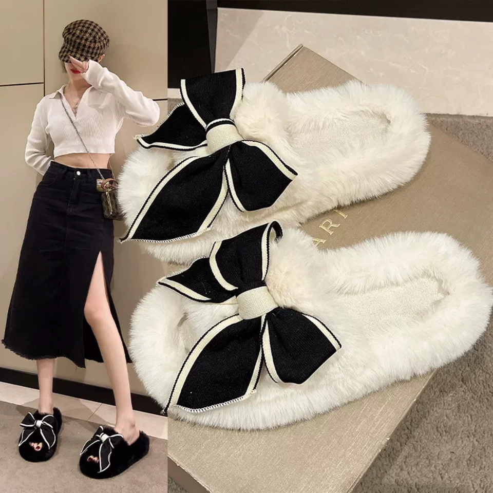 暖かいバタフライリボン付きファーモカシン【女性用・防滑・厚底・外出用】