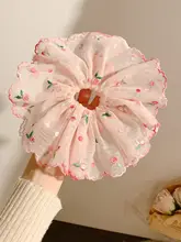 ピンクの花柄刺繍ナイロンヘアゴム【大きめデザイン・夏用】（セットアップ対応）