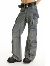 ユニセックス古着風ワイドレッグデニムパンツ【多ポケット・ウォッシュブルー・ストリートスタイル】（セットアップ対応）