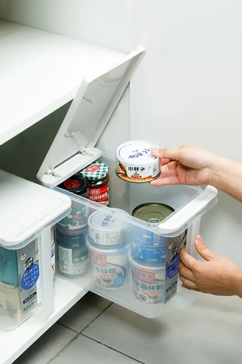 圧力式フタ付き収納ボックス【キッチン用・長いハンドル・調味料整理】