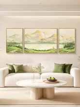 山水油絵 壁掛け装飾画【リビングルーム用・西壁・三連デザイン】（セットアップ対応）