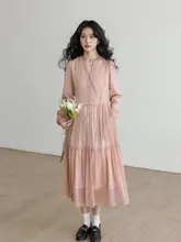 春用Vネック女性用フィット感のあるシャツワンピース【ピンク・プリンセススタイル・Aライン・通勤用・長袖】